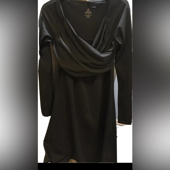 PrAna BLACK DRESS Tally Wrap Front Soft Stretch Comfy Black Midi Spandex MEDIUM - Picture 1 of 9